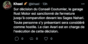 Khael - Message Birdy pour rust Motor, convocation conseil coutumier