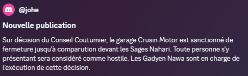 Johe - Message birdy - Convocation Cruisin Garage au conseil coutumier